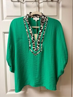 entro Emerald Green V-Neck Blouse with Leopard Trim